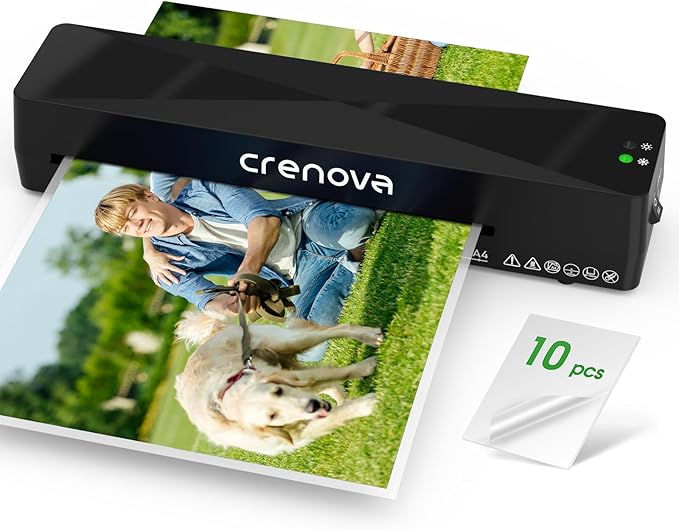 Crenova Laminator Machine with 10 Laminating Sheets, A4 Laminating Machine Hot & Cold with Fast Warm Technology, Thermal Laminator 9 Inch for Home Office School Business Black