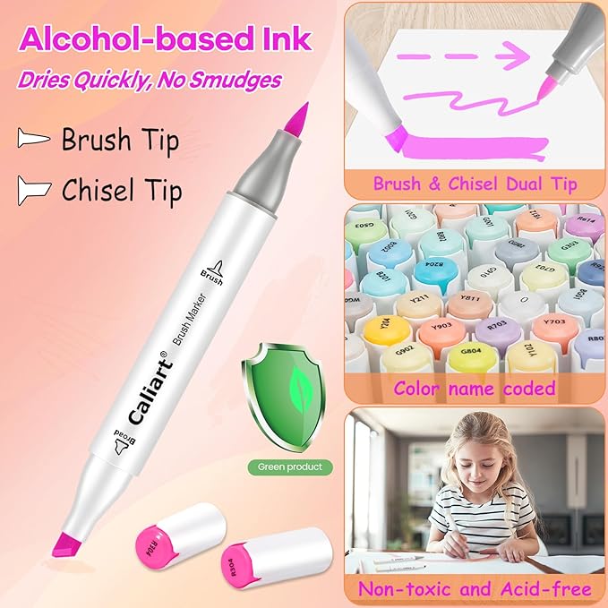 Caliart 61 Colors Pastel Alcohol Markers, Brush & Chisel Dual Tip Pens for Adult Coloring Book, Sketch Permanent Art Set for Easter Eggs Decorations Stuffers Drawing Supplies Gift