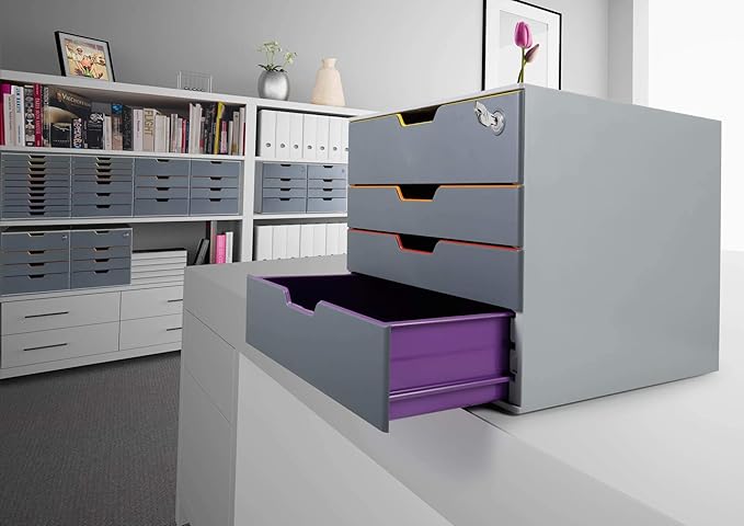 Durable VARICOLOR 4 Lockable Drawer Unit - Gray Desktop Filing Drawer Set with 4 Color Coded Draws - Letter Size Files - Top Draw is Lockable - Perfect for Storing Documents and Paper Work