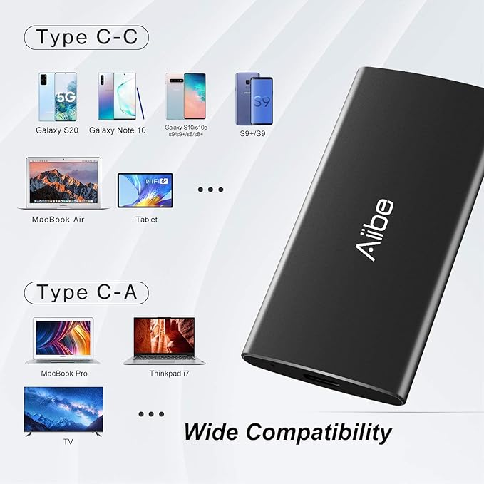 Aiibe External SSD 256GB External Hard Drive USB C Portable SSD, Up to 500MB/s, USB 3.1, External Solid State Drive 256GB for Laptop, Mac, PS4 (Black)