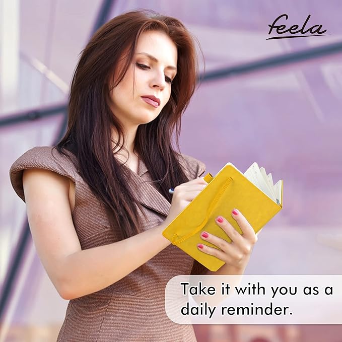 feela 24 Pack Journal Notebook for Work, Business Notebook Bulk Hardcover Lined Writing Journal with Pen Holder for Men Women Note Taking, with 24 Black Pens, 120 GSM, 5.1”x8.3”, A5, Yellow