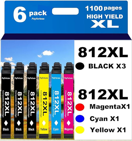 812XL Remanufactured for Epson 812XL Ink cartridges Combo Pack 812 XL T812 for Workforce Pro WF-7840 WF-7820 WF-7310 EC-C7000 Printer 6 Pack 3 Black 1 Cyan 1 Magenta 1 Yellow