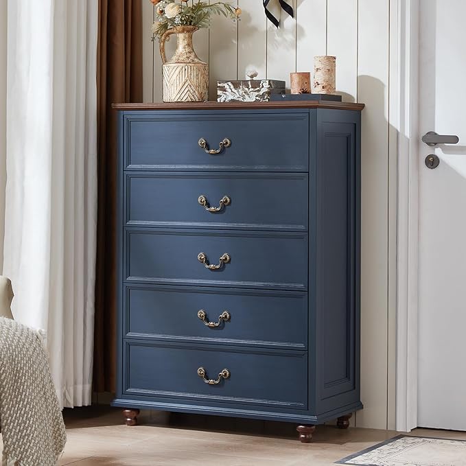 Farmhouse 5 Drawer Dresser Set of 2 for Bedroom, 45" Tall Rustic Chests of Drawers w/ 4 Solid Wood Feet, Mid Century Vintage Wooden Closet Storage Dressers Organizer for Living Room, Navy Blue