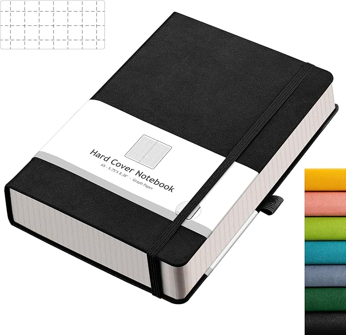 AHGXG Graph Paper Notebook - 320 Pages Grid Notebook Thick Journal A5, 100gsm Thick Graph Paper, Leather Hardcover, Inner Pocket,5.75'' × 8.38''- Black