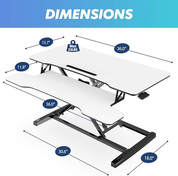 FITUEYES Height Adjustable Standing Desk 36” Wide Sit to Stand Converter Stand Up Desk Tabletop Workstation for Dual Monitor Riser FSD309103WW