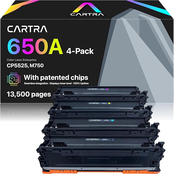 CARTRA 650A Toner Cartridges 4 Pack Compatible Replacement for HP 650A Toner Cartridges, Works with Printer Series CP5525 CP5525dn CP5525n CP5525xh M750dn M750n M750xh | Black Cyan Yellow Magenta