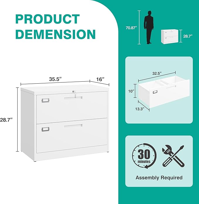2 Drawer Lateral File Cabinet with Lock,White Lateral Filing Cabinet,Horizontal Metal Filing Cabinets,Locked Wide File Cabinets for Office Home,Fit A4/F4/Letter/Legal File,-Assembly Required