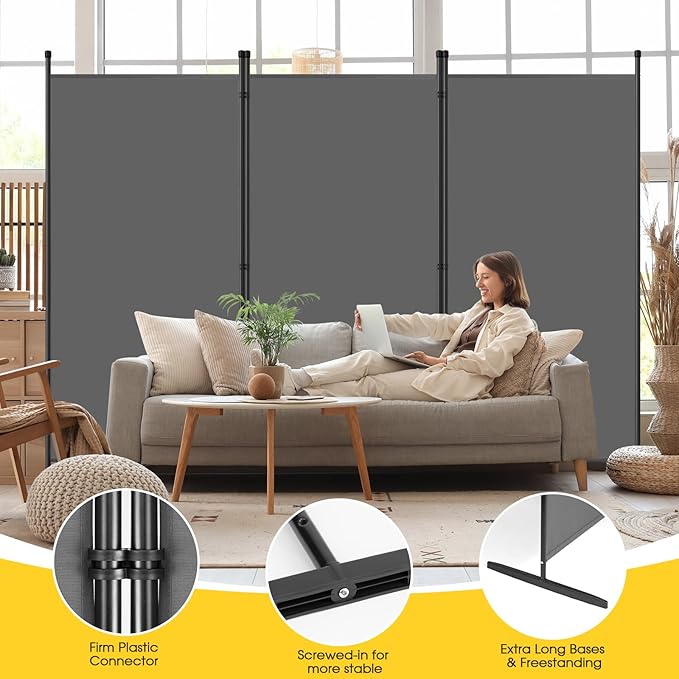 AKTOP 3-Panel Room Divider, Freestanding Wall Divider for Room Separation, Folding Privacy Partition Screen 70''W x 102''H, Portable Room Divider Panel Privacy Screen for Dorm Studio Office, Grey
