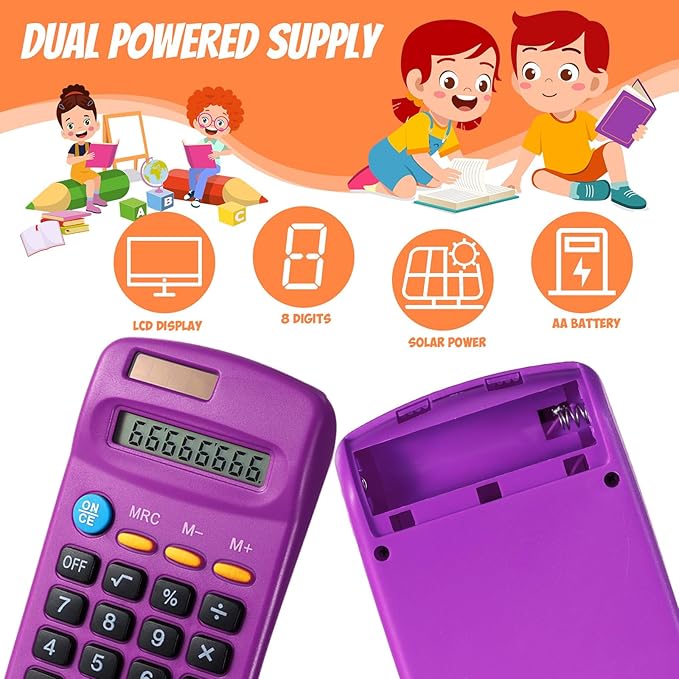 24 Pieces Basic Calculators for Students Small Pocket Size 8 Digit Display Mini Calculators Dual Powered Handheld for School Desktop Home(Purple)