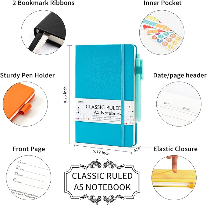 feela Journal Notebook Bulk for School, Hardcover Business Classic Ruled Lined Journals with Pen Holder for Work Office Journaling, with 5 Black Pens, 120 GSM, 5.1”x8.3”, 5 Pack, A5, Solid Colors