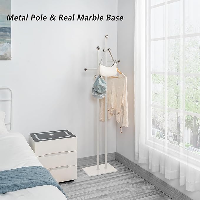 Free Standing Coat Rack with Marble Base & 8 Steel Hooks Clothes Rack for Entryway Bedroom Living Room Hotel 14.96 x 10.24 x 68.9 Inches (White)