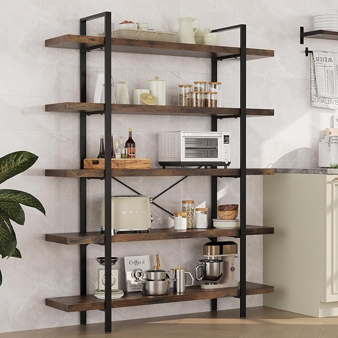 Heavy Duty 5-Tier Industrial Bookcase, 47" Wide Wood Bookshelf for Home Office, 120lbs Shelf Capacity, Rustic Open Shelving Display with Reinforced Horizontal Shelf for Living Room Bedroom