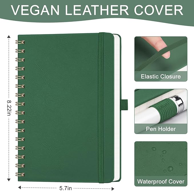 AHGXG Lined Spiral Notebook Journal for Women, 140 Pages Hardcover Leather Notebook College Ruled, A5 5.7" x 8.3", 100 GSM Thick Paper, Notebooks for School Work, Journals for Writing, Green