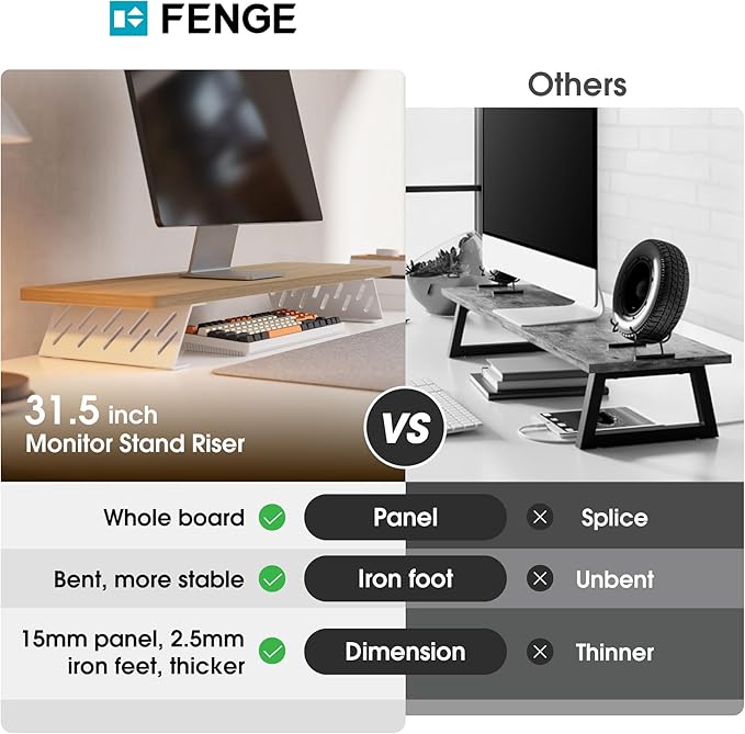 Fenge Monitor Stand Riser, Desk Top Shelf for 2 Monitors, Computer Stands for Desk, Wood & Steel Desktop Riser for Laptop, PC, Printer