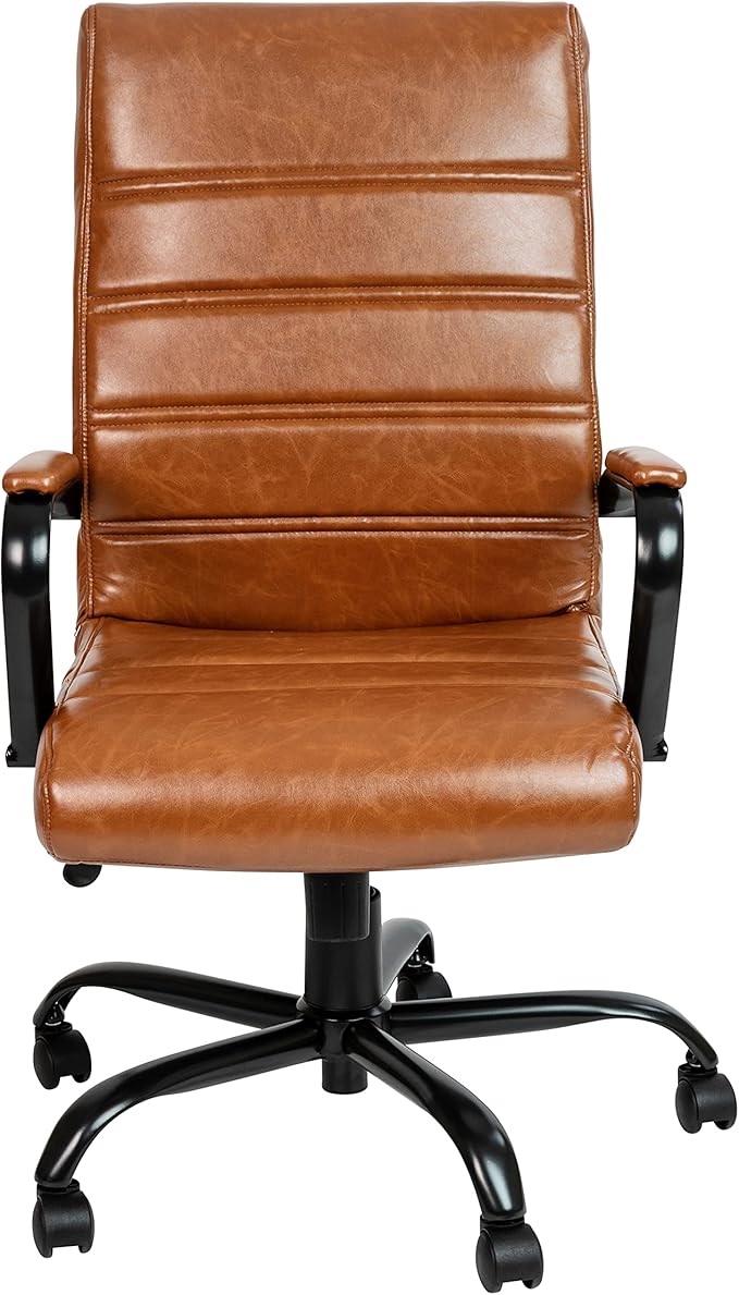 Flash Furniture Whitney High-Back Swivel LeatherSoft Desk Chair with Padded Seat and Armrests, Adjustable Height Padded LeatherSoft Office Chair, Brown/Black Gold