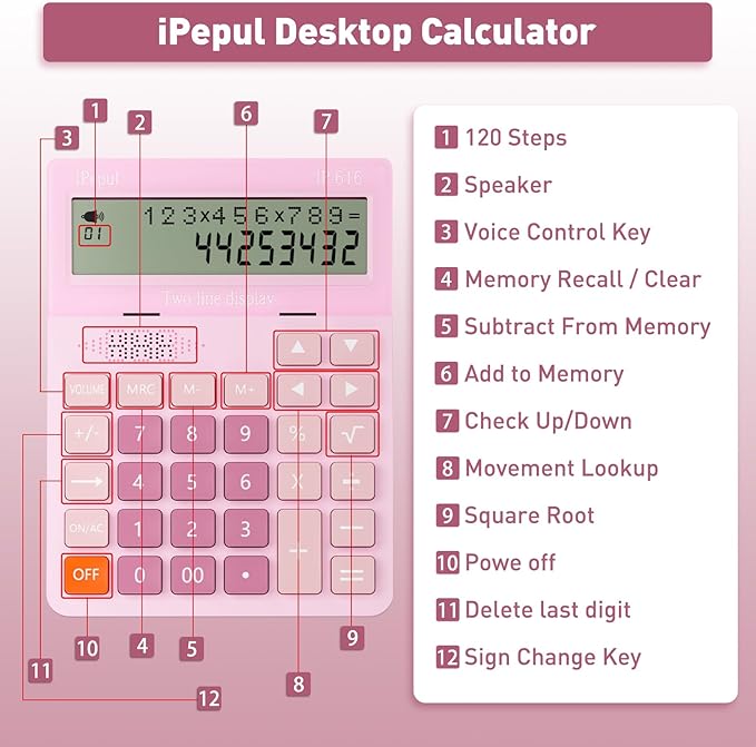 Calculators Desktop, Desk Calculator with Large 2 Line Display, Talking Basic Calculator with big Button & Adjustable Volume, 4 Function Calculators for Business, Students,School Office Supplies(Pink)