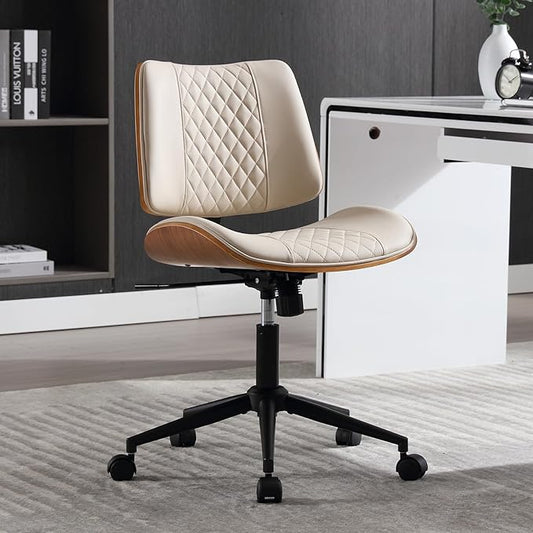 Home Office Chair No Arms with Wheels, Adjustable Height Small Desk Chair, PU Leather Mid Back 360 Swivel Computer Chair, Armless Modern Walnut Chair for Office, Reading Meeting Room(Beige)