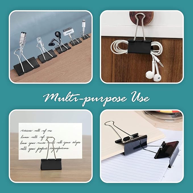 Binder Clips - 144 Medium Binder Clips, 1.25 Inch Black Paper Clamps, File Clip for Home, Office and School Supplies