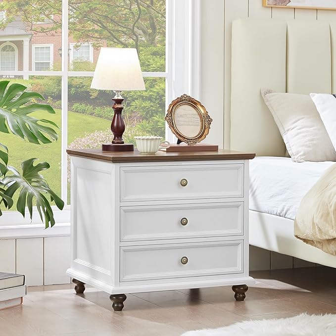 24" Wide Farmhouse Night Stand,Large End Table with 3 Drawers & Metal Handle,White Wood Dresser for Bedroom Cabinet, Bed Side Tabl·e Chest of Drawers,Nightstand for Living Room,Close
