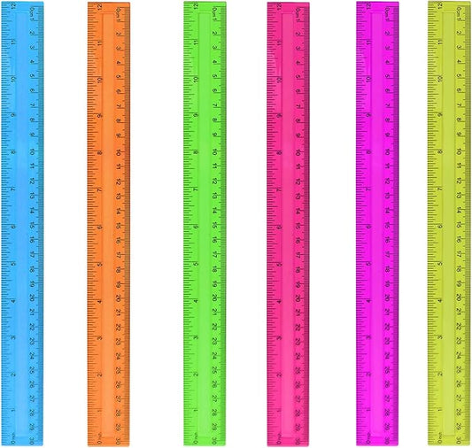6PCS Clear Ruler, 12 Inch Plastic Rulers for School, Home, or Office, Clear Plastic Rulers, Assorted Colors.