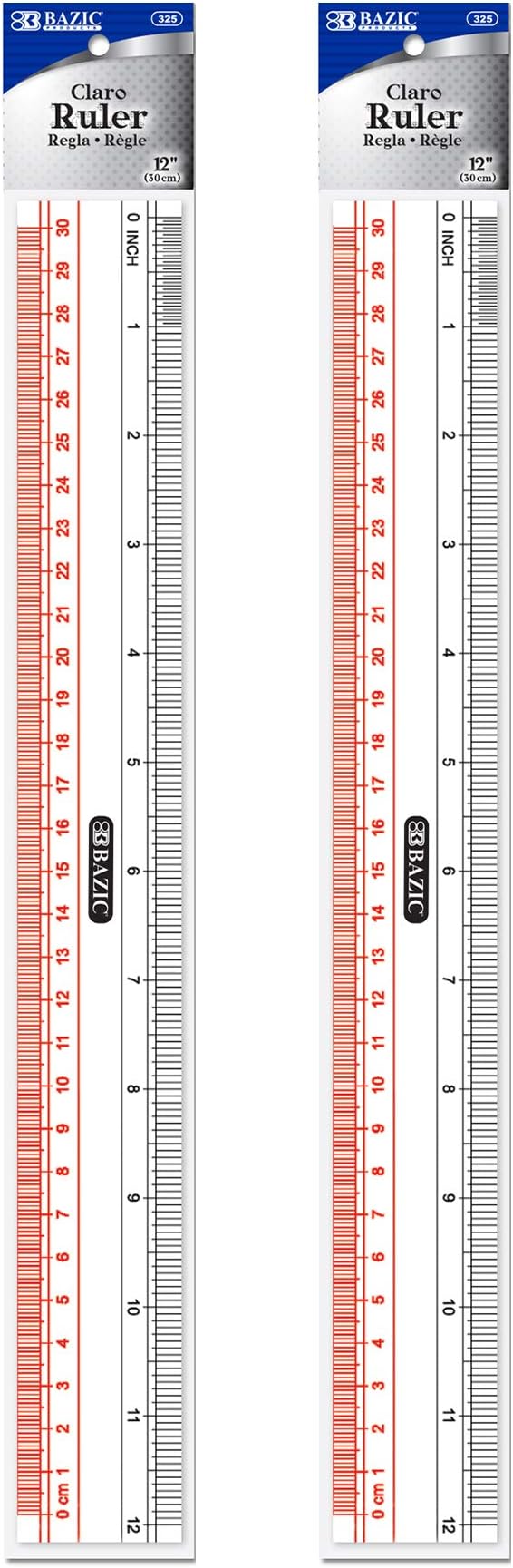 BAZIC Plastic Clear Ruler 12" (30cm), Inches Centimeter Metric Measuring Drafting Rulers, for Students School Supplies, 2-Pack