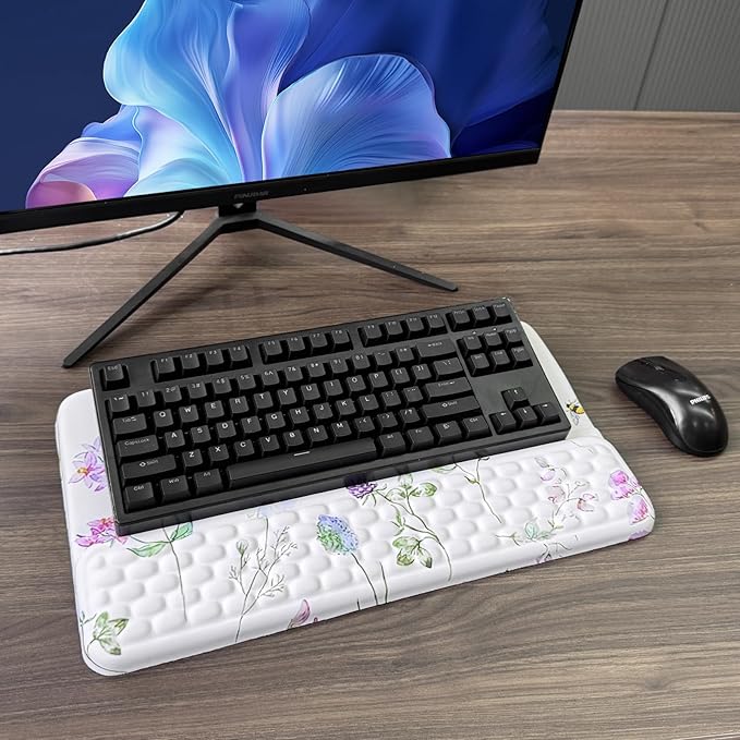 Computer Keyboard Stand with Wrist Rest, Ergonomic Tilted Keyboard Holder - Keyboard Riser with Wrist Pad - Keyboard Tray Support for Office Home - Scattered Flowers
