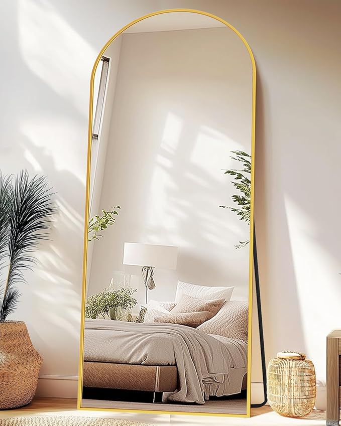 Full-Length Floor Mirror with Stand, 58"x18" Arched Style Full Body Standing Mirror for Bedroom, Living Room, Gym, Dorm - Shatter-Resistant & Easy Assembly, Gold
