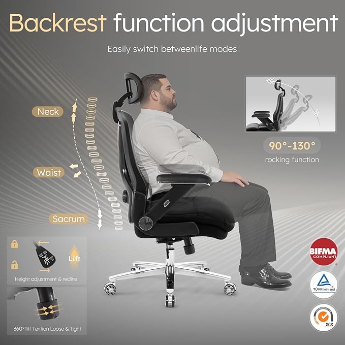 750lbs Big and Tall Office Chair- Heavy Duty Executive Chair with 5D Flip Arms and Adjustable Lumbar Support, Ergonomic Mesh High Back Desk Chair, Ergonomic Executive Home Office Computer Chair