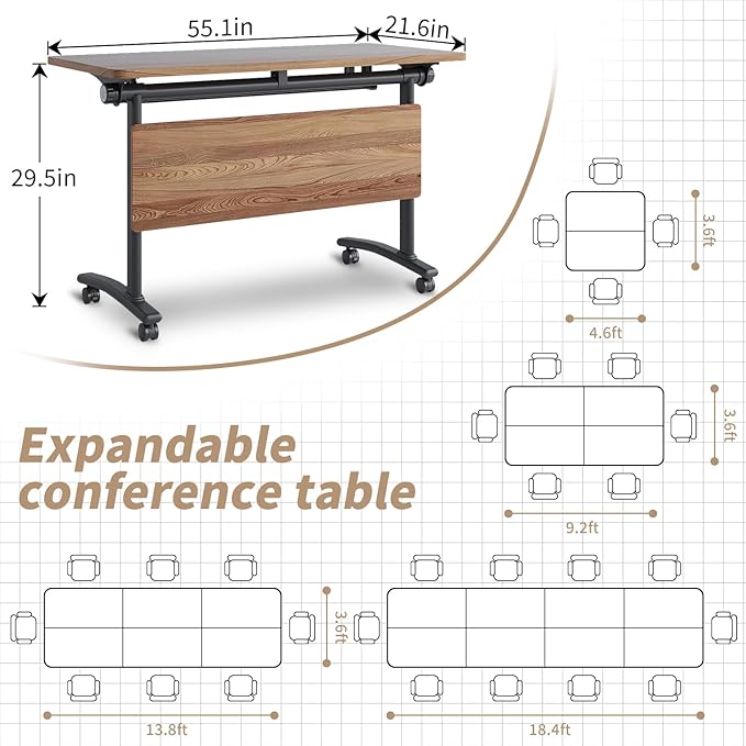 Folding Conference Table, Modern Conference Room Tables with Flip-Top Design, Foldable Conference Table Meeting Table with Wheels, Mobile Seminar Training Tables for Office Classroom (2, Walnut 2)