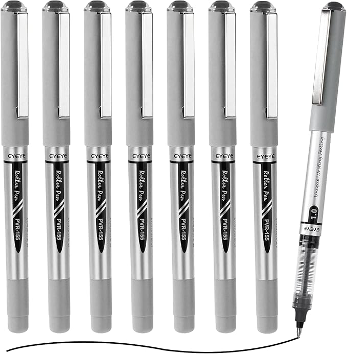 EYEYE Black Rollerball Pens 1.0mm, 8 Pack Bold Point Roller Ball Pen Quick Dry, Liquid Ink Pen Fine Point Smooth Writing Pens for Journaling, Note Taking, Office, School Supplies