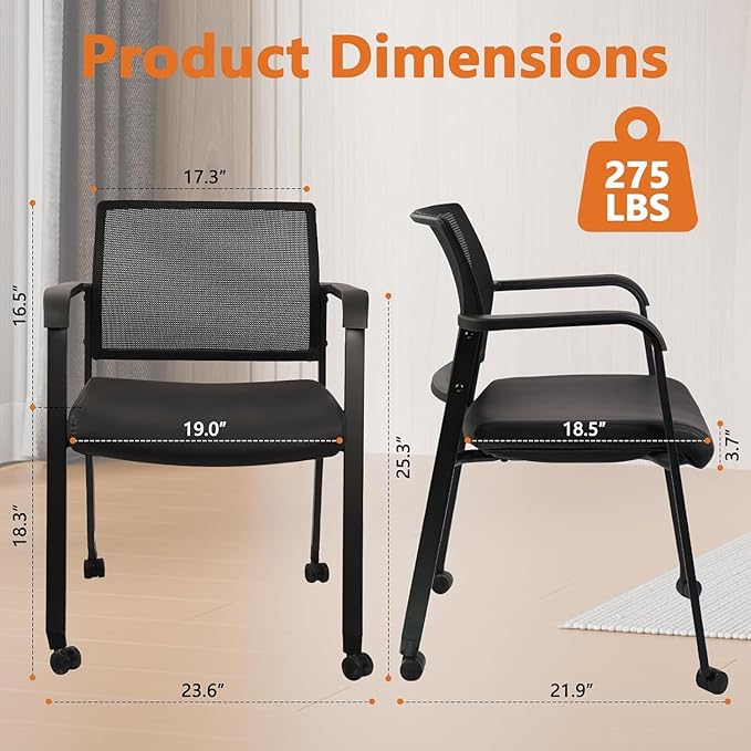 CLATINA Stacking Office Chair with Wheels, Mesh Back Waiting Room Guest Chairs with Arms Comfortable Leather Cushion Stackable Desk Chair for Conference Reception School Side Stationary, Black, 8 PK