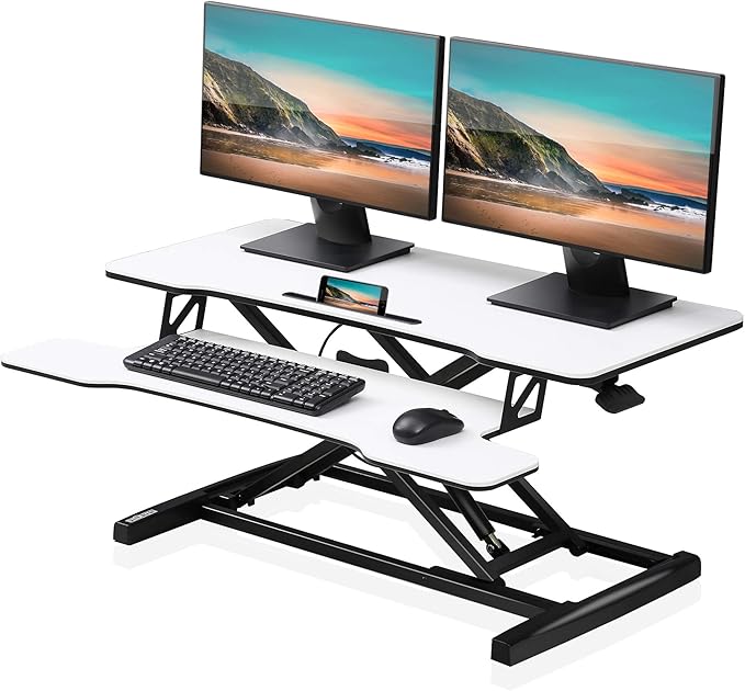 FITUEYES Height Adjustable Standing Desk 36” Wide Sit to Stand Converter Stand Up Desk Tabletop Workstation for Dual Monitor Riser FSD309103WW