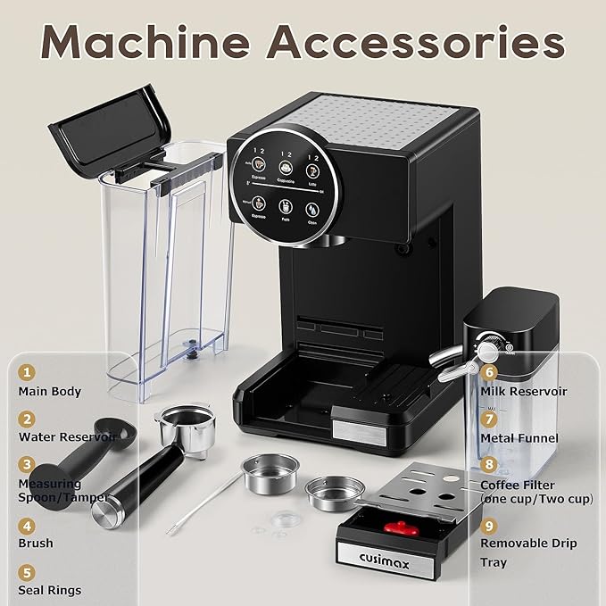 CUSIMAX Expresso Coffee Maker with Milk Frother, Cappuccino Machine Makes Espresso, Cappuccino, and Lattes with One-Touch Ease, and the Manual Mode Makes Creative Coffees with Cleaning Function
