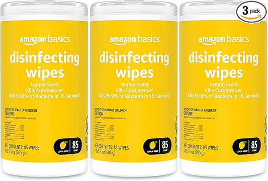 Amazon Basics Wipes, Lemon Scent, for Sanitizing, Cleaning & Deodorizing, 255 Count (3 Packs of 85)