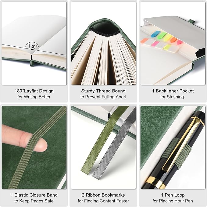 Graph Paper Notebook, 312 Numbered Pages Large A5 Hardcover Leather Journal, 100gsm No Bleed Grid Paper Notebook with Index Pages, Grid Notebook for Graphing Notes Math, 5.75" x 8.38", Green