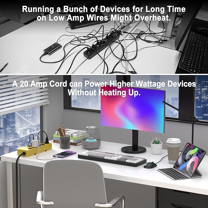 HEZI 20A Power Strip Surge Protector Durable Metal 8-Outlet with Heavy Duty 20 Amp Extension Cord, 12 Gauge for Garage,Workshop & Industrial Use with 6-20R T-Slot Outlets,4800J(Yellow,10FT)