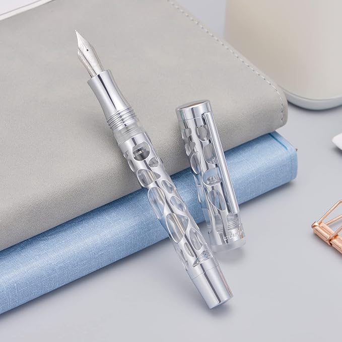 Asvine V169 Vacuum Filling Fountain Pen Extra Fine Nib, Water Drop Skeleton Transparent Clear Acrylic Pen Case Set