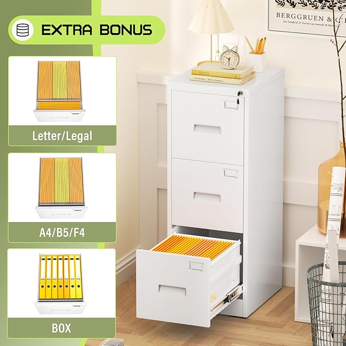 Crownland Lateral File Cabinet with 3 Drawers, 15" W Metal Lockable Office File Cabinets for Home Office- Stores Letter/Legal/A4/F4 Files(White)