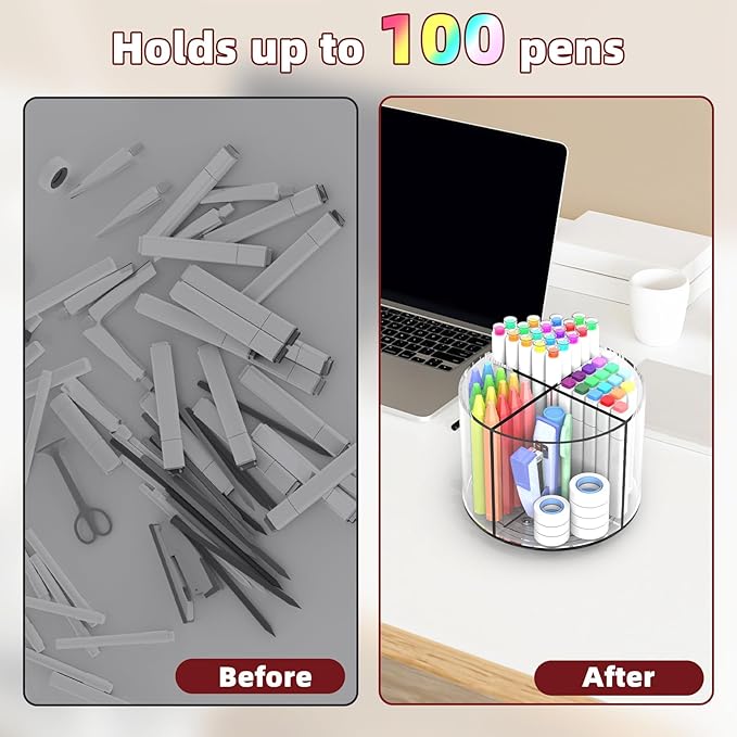 Absonic Pencil Holder for Kids, 360 Rotating Pen Holder for Desk Organizer and Storage, 4 Compartments Art Supply Marker Organizer, Pen Organizer Pencil Holder