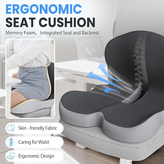 Back and Seat Cushion, 2025 New Ergonomic Non-Slip Memory Foam Seat Cushion with Back Support, L-Shaped Breathable Seat Cushions for Car, Office, Home (Dark Gray)