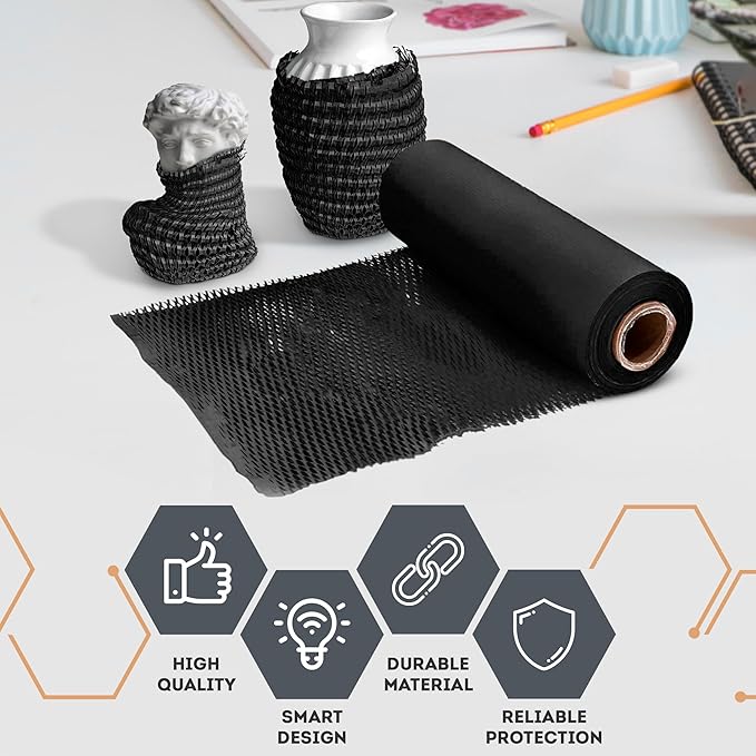 Black Honeycomb Packing Paper for Moving Breakables, 15 Inch x 100 Feet. Fragile Shipping Supplies. Perforated Packing Materials for Fragile Items. Moving Paper Wrap. Eco Friendly Packaging