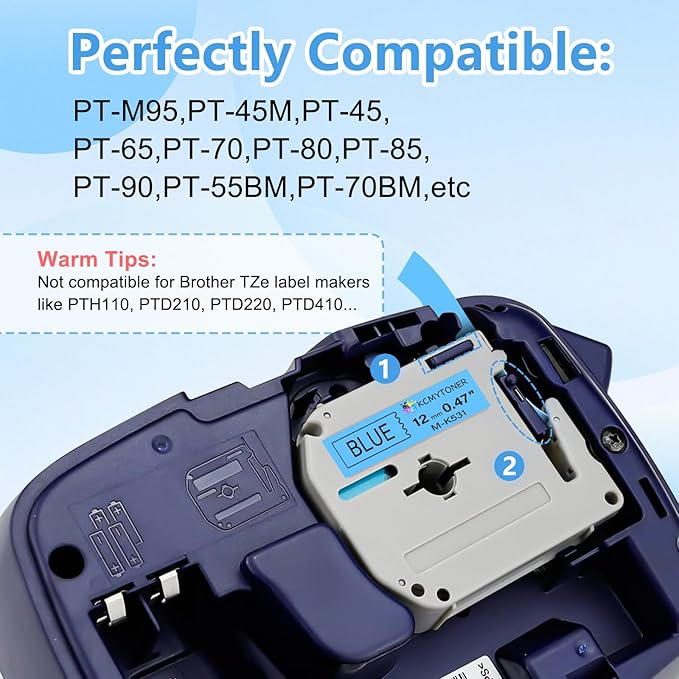 Compatible for Brother P-Touch M Tape M-K531 MK531 M531 MK-531 Black on Blue Label Tape 0.47" (12mm) x 26.2ft for PT-90 PT-M95 PT-70 PT-70BM PT-85 PT-80 PT-45 PT-65 Label Makers, 1 Pack
