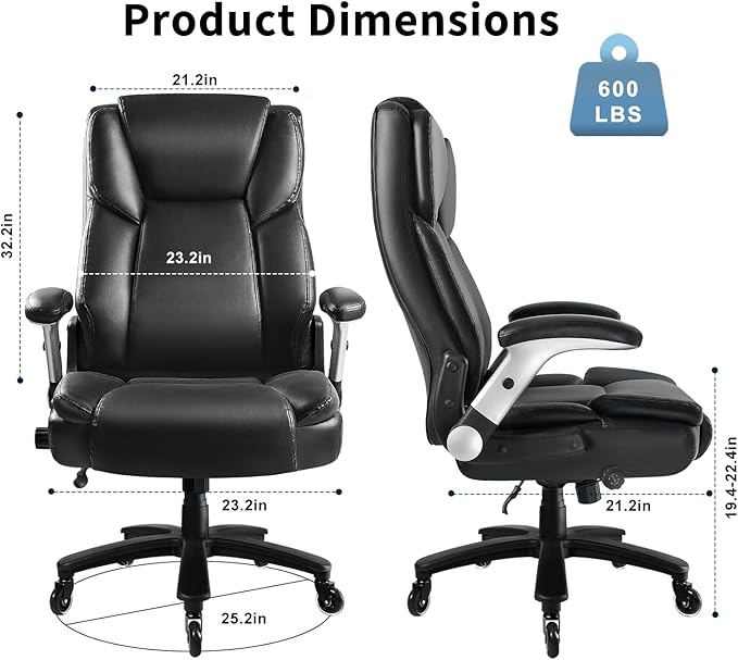 Big and Tall Office Chair 600LBS, Heavy Duty Office Chair for Heavy People, High Back Executive Office Leather Chair with Adjustable Armrests and Lumbar Support, Black Ergonomic Big Tall Chair