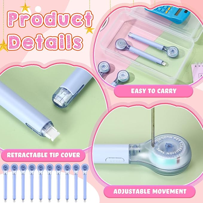 10 Pack Correction Tape Pen Correctional Ink Tape Push Pull Protective, Easy to Use Applicator for School Office Supplies, 0.2 x 236 Inch(Blue Color)