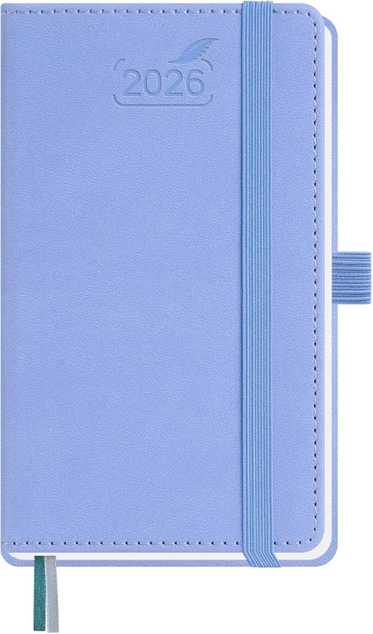 BEZEND Pocket Calendar 2026 Weekly and Monthly (3.5" x 6") Small Daily Planner for Purse (Jan-Dec) with Notes & Expenses, Inner Pocket, Pen Holder, Vegan Leather Hardcover - Cornflower