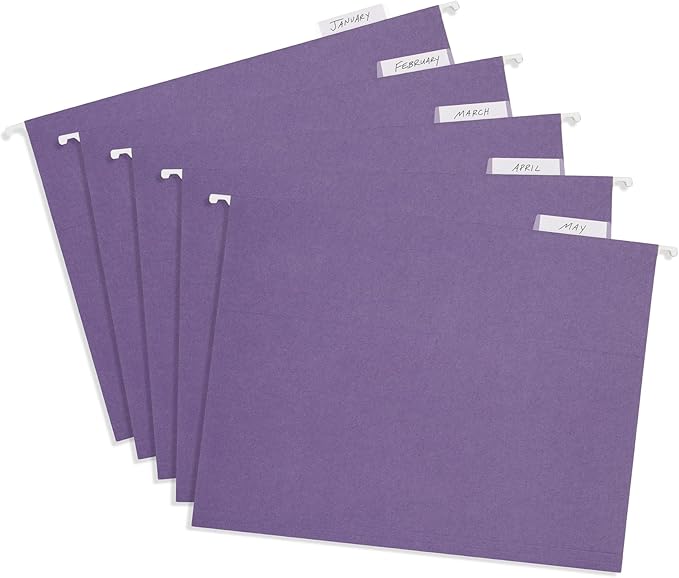 25 Blue Summit Supplies Purple Hanging File Folders - Letter Size, Durable 11pt Paper, Hanging File Folders, Purple, with Plastic Tabs and Inserts Included