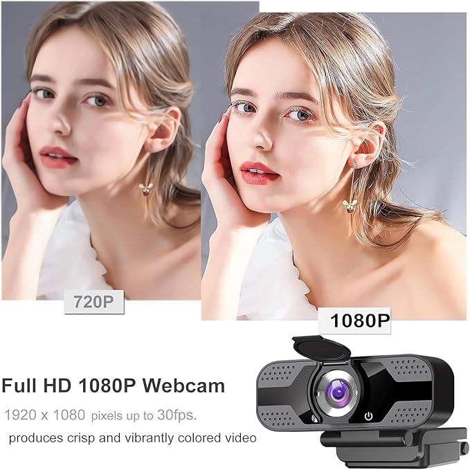 Full HD 1080p Webcam with Privacy Shutter and Tripod, Video and Wide Angle Camera, Built-in Mic, Widescreen USB Computer Camera for Laptop Desktop