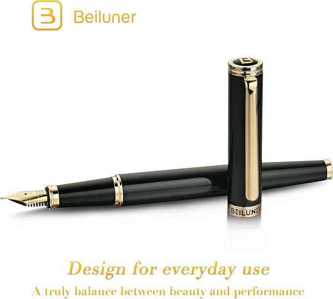 BEILUNER Black Fountain Pen,Stunning Luxury Piano Lacquer,24K Gilded Nib(Medium),Gorgeous 24K Gold Finish,Ink Converter, Gift for Men&Women-Elegant, Reliable, Office, Professional Pens for Writing