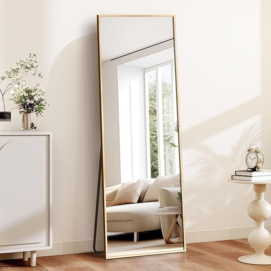 Arched Full Length Mirror, 57" x 20" Floor Mirror with Stand – Shatterproof Tempered Glass, Modern Aluminum Frame, Multi-Mount for Bedroom, Living Room, Gym, Gold