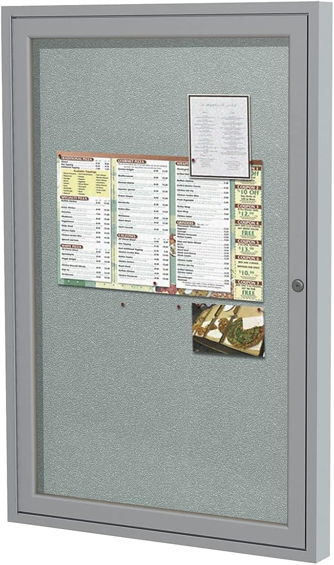 Ghent 36"x24" 1-Door Outdoor Enclosed Vinyl Bulletin Board, Shatter Resistant, with Lock, Satin Aluminum Frame - Silver (PA13624VX-193), Made in The USA